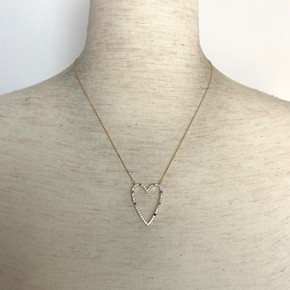 Gold Vermeil Sterling Silver 925 Open Heart Rainbow Pave Pendant Necklace 16-18" - Picture 2 of 16